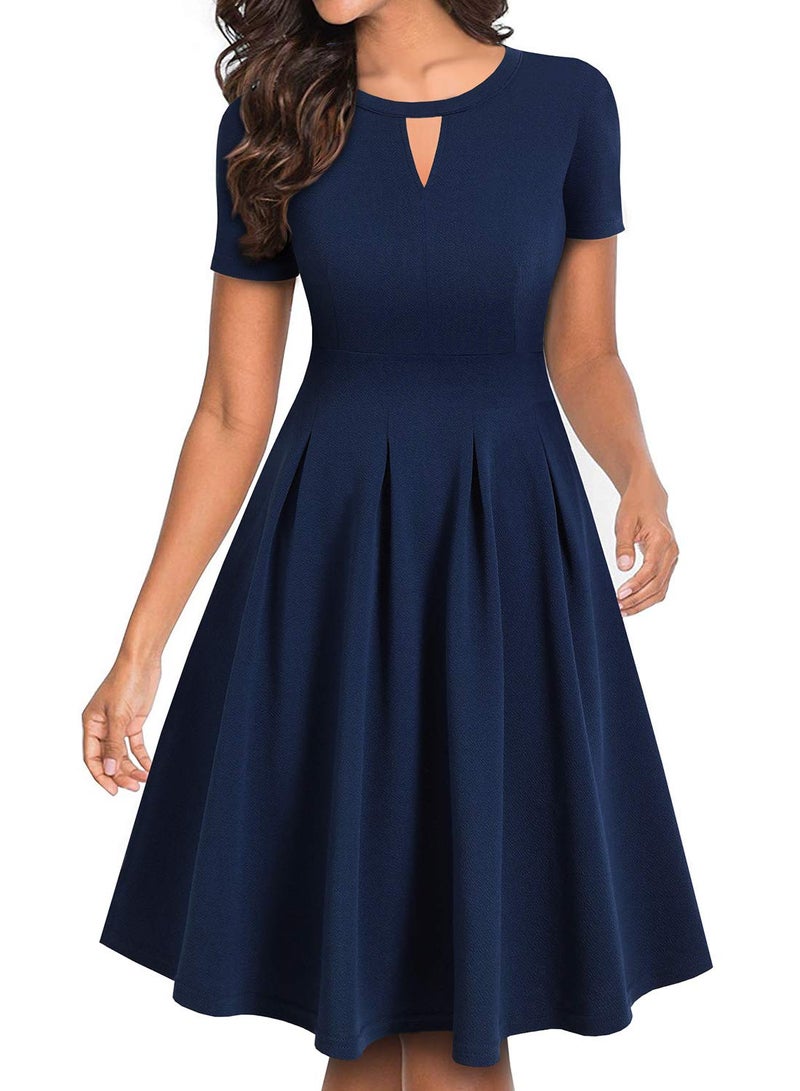 YATHON Women's Vintage Floral Flared A-Line Swing Casual Party Dresses with Pockets (M, YT018-Dark Blue Solid D) - Image 1